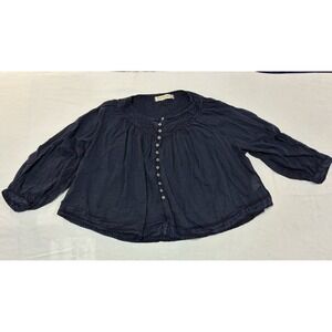 We The Free People Women's Small Boho Button Up Blouse Navy Blue‎ Smocked Gauze